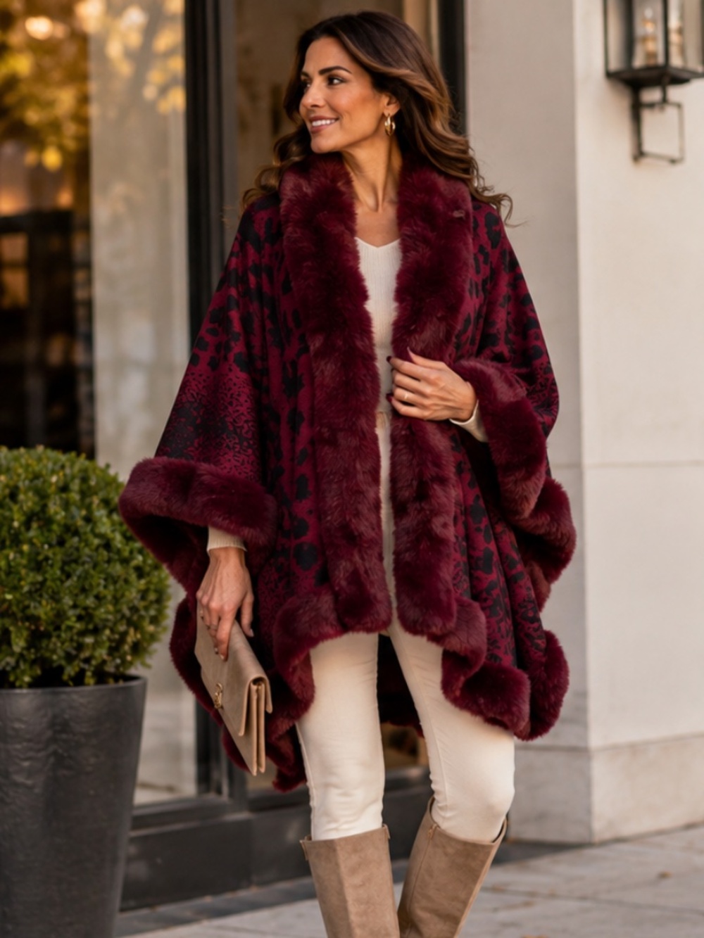 Kathy Ireland Fashion360 Safari Skies Faux Fur Trim Cape Merlot One Size NWT